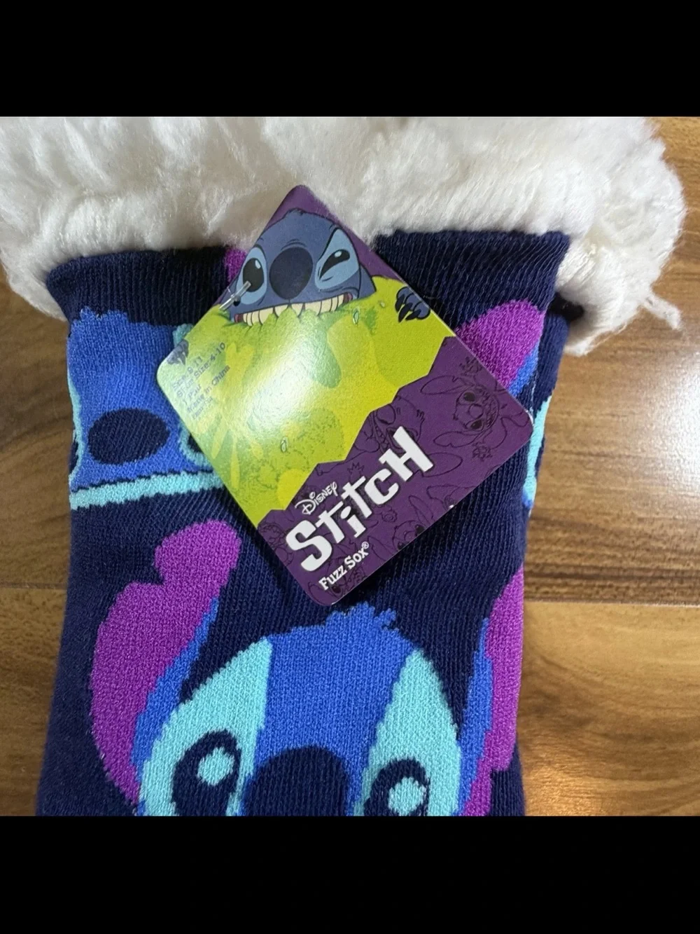 Fuzzy Lined Stitch Face Gripper Socks - Navy with Blue & Purple